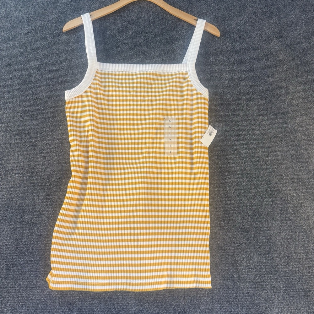 NWT Old Navy Ribbed Tank Top Women's Large Yellow White Striped Square Neck